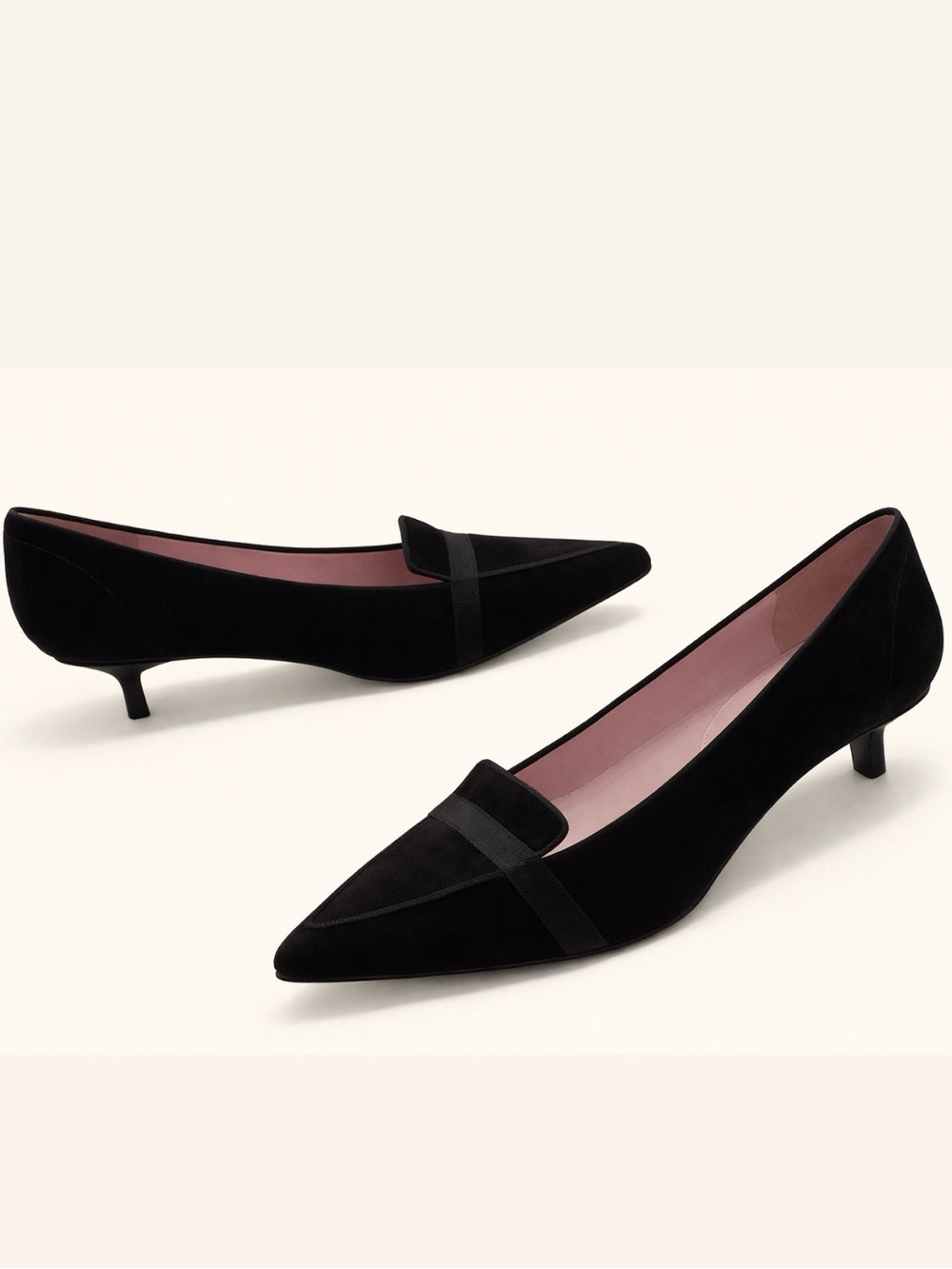 Anne Taylor LOFT Black Pointed Suede Kitten Heel Loafers